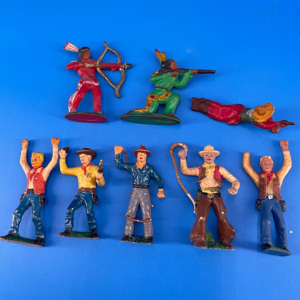 Wild West Vintage Plastic Figure Toy Lot France Michel Germany 3 in 1950-60s 8pc